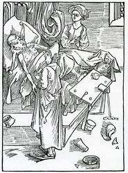 Af dem, der er syge og søger og er utålmodige og lydige over for lægen, illustration fra Alexander Barclays engelske oversættelse af 